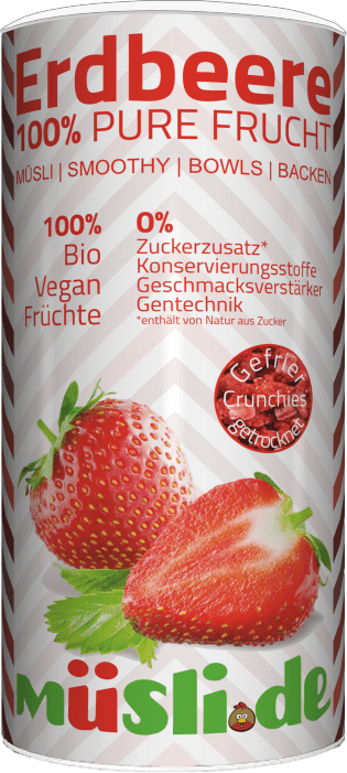 Bild der Verpackung (Dose) des Bio Müslis Bio Gefriergetrocknete Erdbeeren von müsli.de